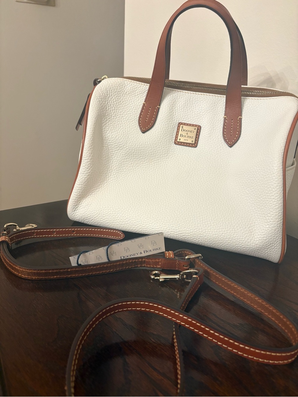 Dooney & Bourke White Pebbled Leather Satchel with Brown Trim